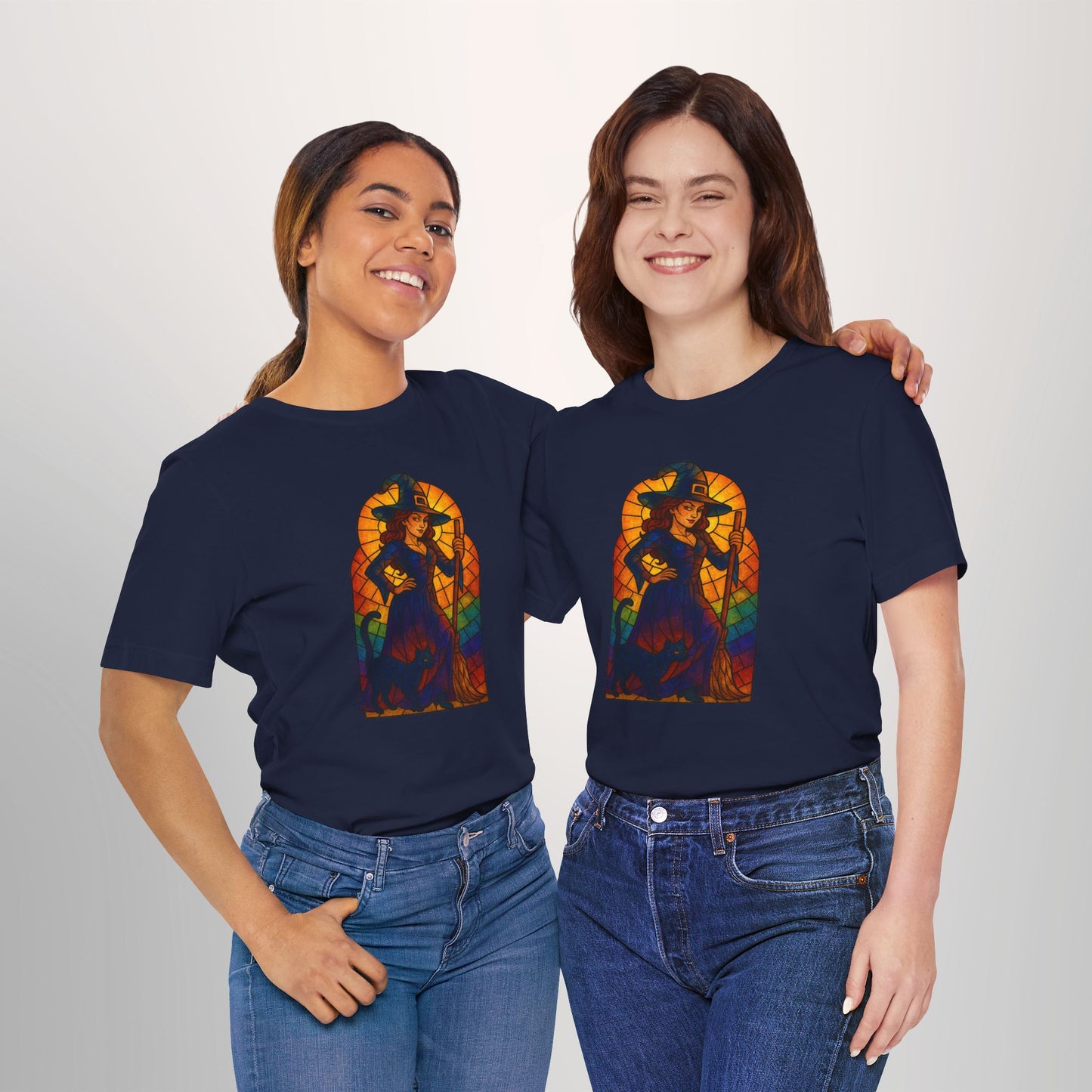 Sassy Radiant Witch T-Shirt | Stained Glass Black Cat & Broom Design