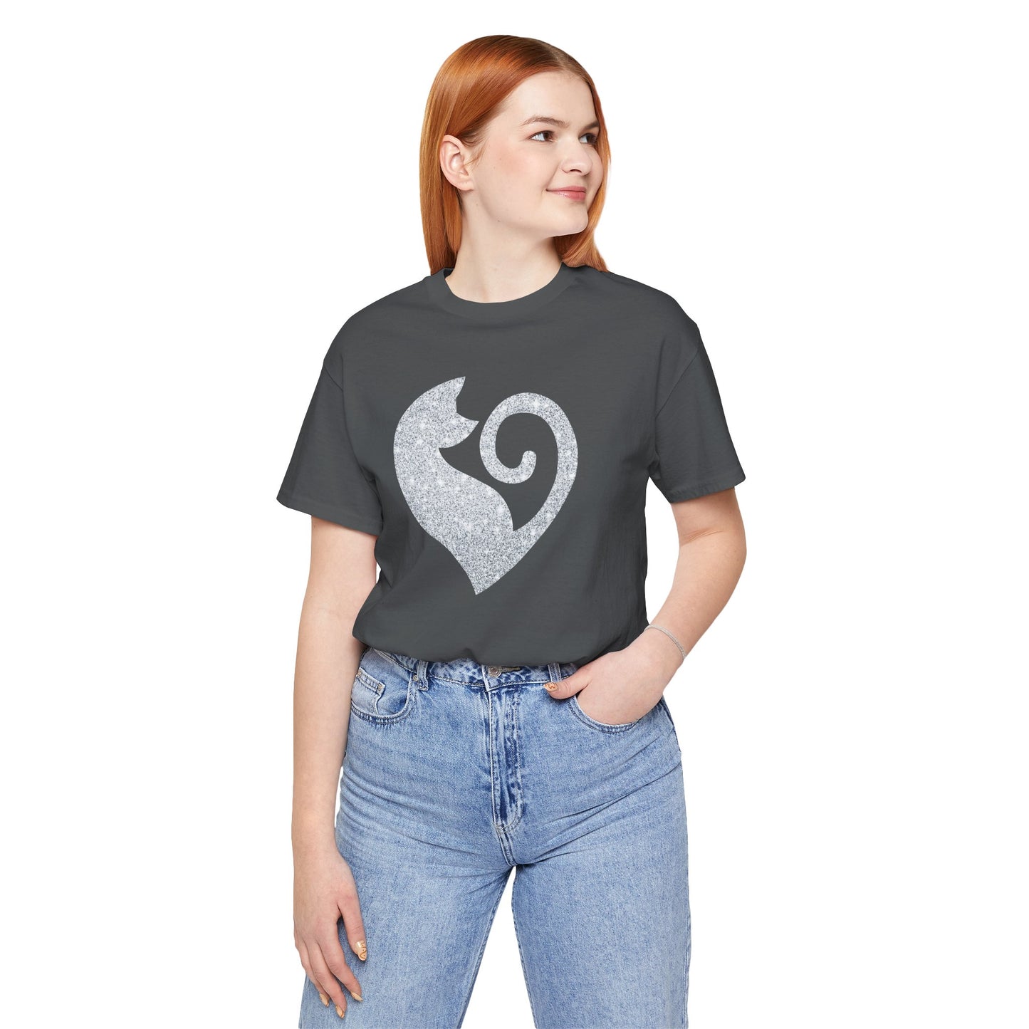 Cat Heart Silver Glitter Look Tee