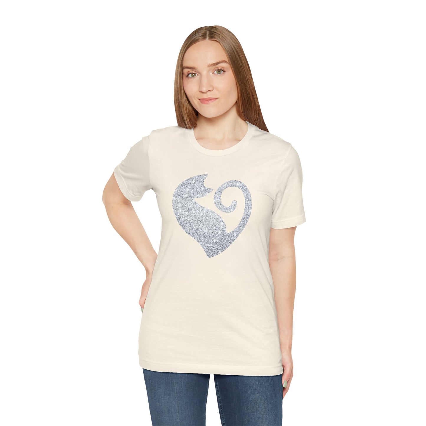 Cat Heart Silver Glitter Look Tee