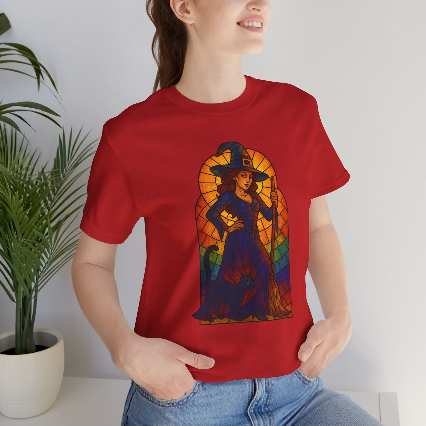 Sassy Radiant Witch T-Shirt | Stained Glass Black Cat & Broom Design