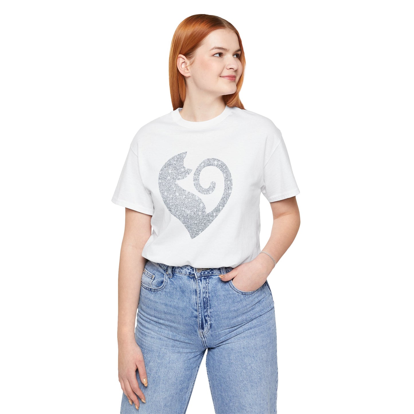 Cat Heart Silver Glitter Look Tee