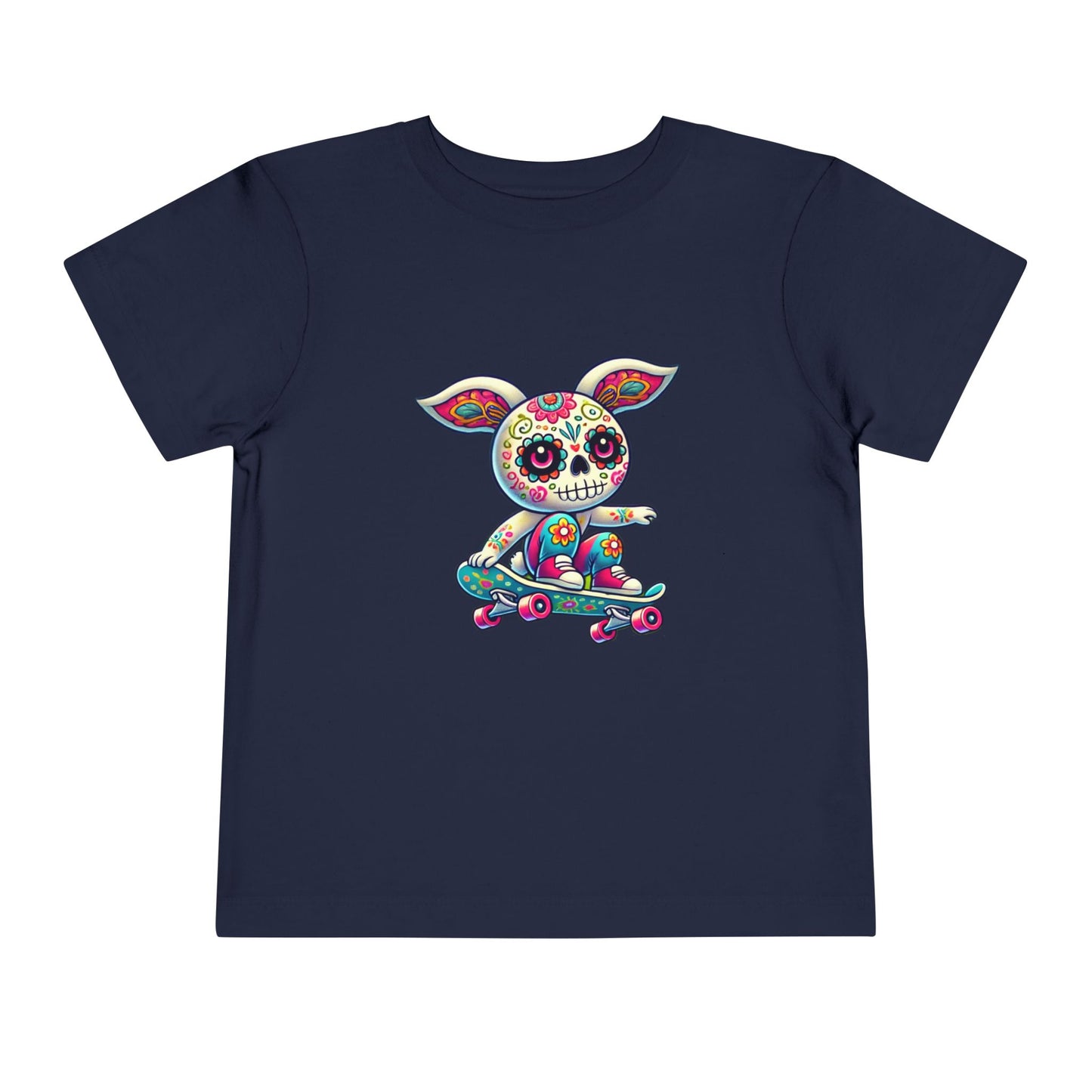 calavera sugar skull skater easter bunny rabbit on skateboard skateboarding navy blue color tshirt