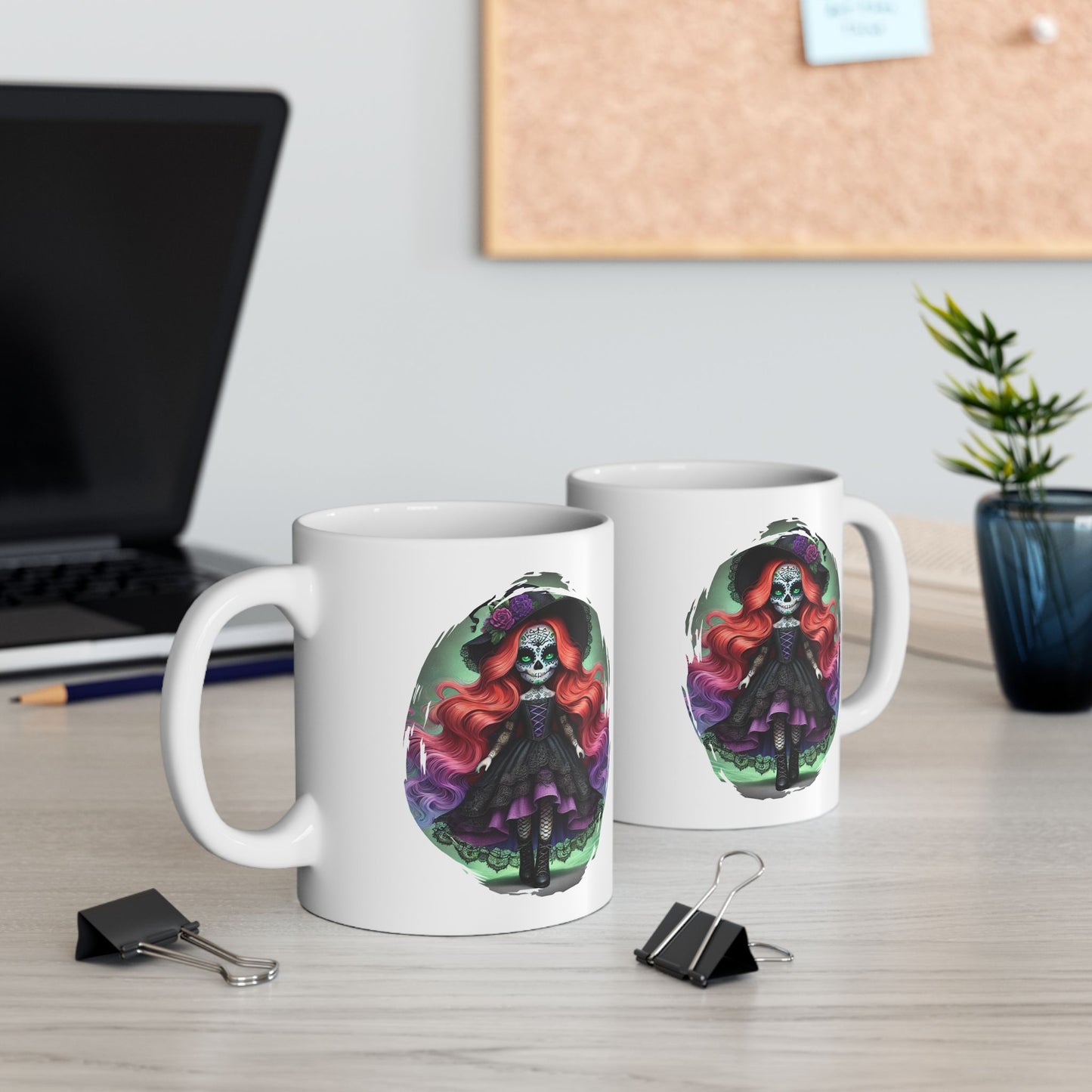 Calavera Witch Doll Sugar Skull Mug – Spooky Cute Gothic Coffee Cup Black or White