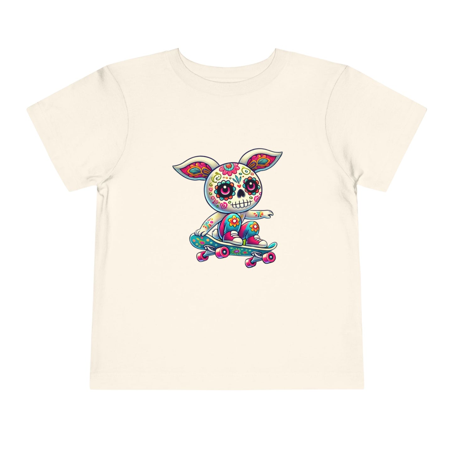 calavera sugar skull skater easter bunny rabbit on skateboard skateboarding natural color tshirt