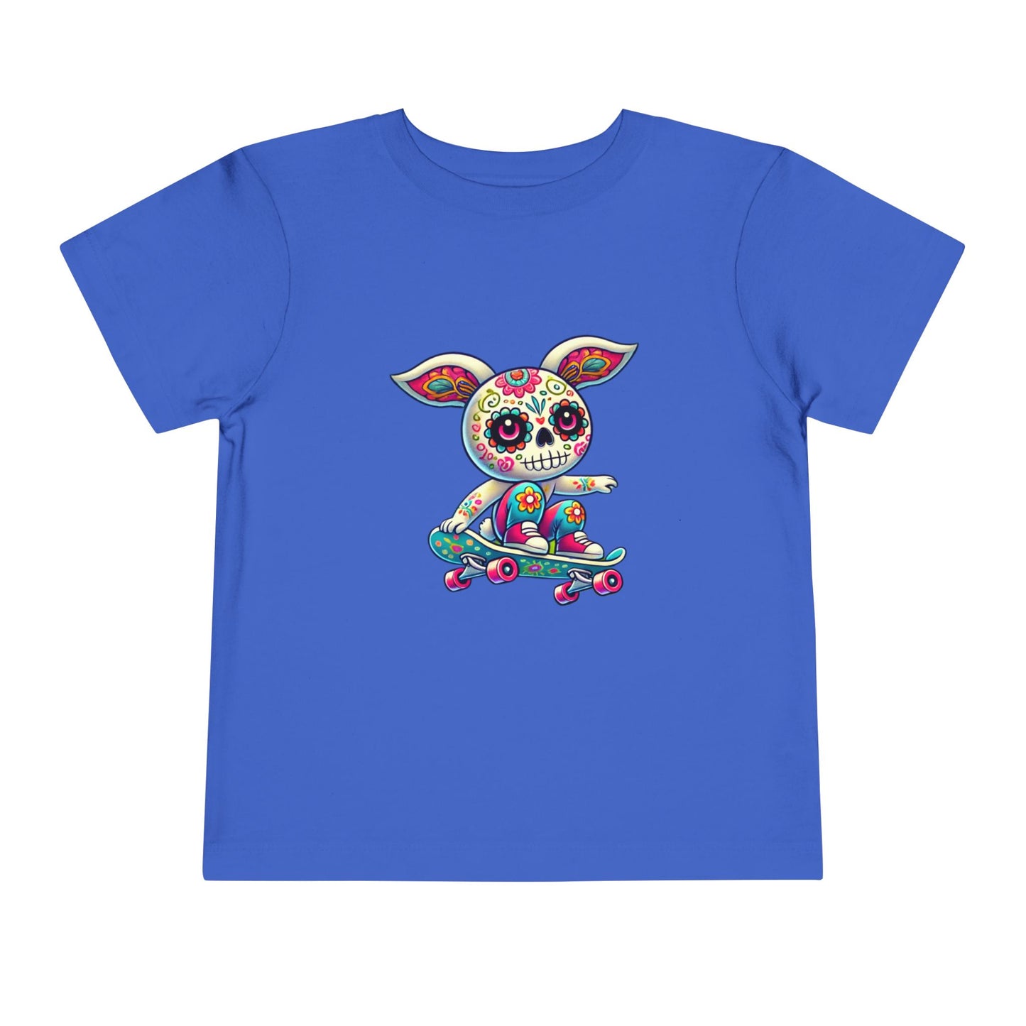 calavera sugar skull skater easter bunny rabbit on skateboard skateboarding blue color tshirt