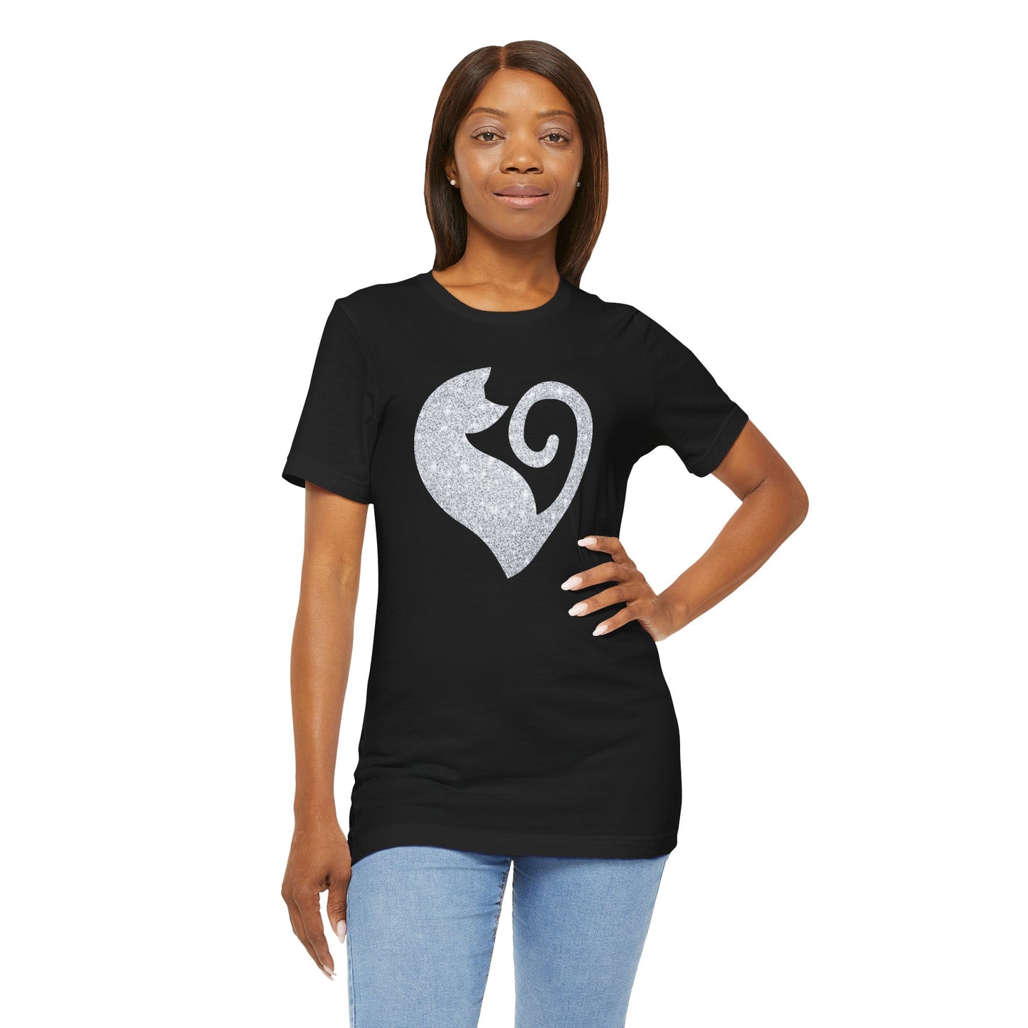 Cat Heart Silver Glitter Look Tee