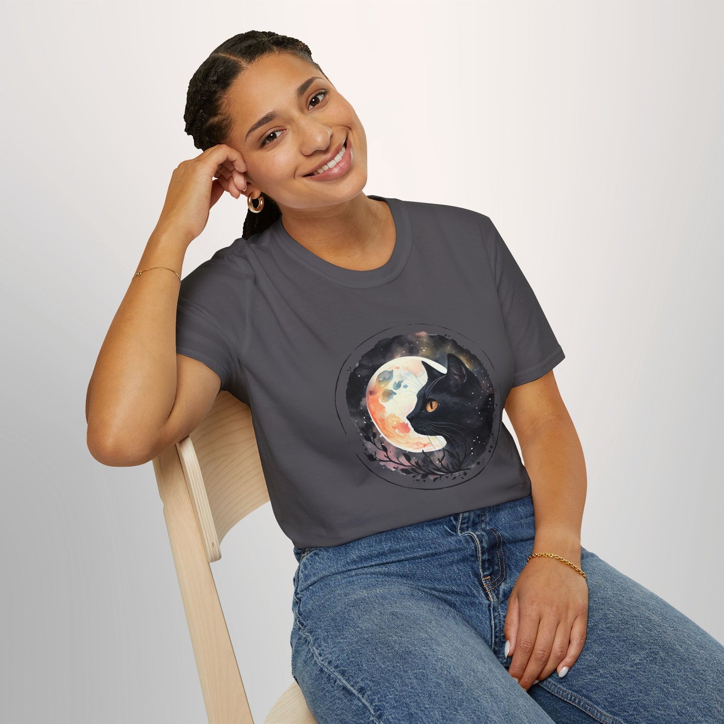 Black Cat in the Moonlight T-Shirt - Witchy Lunar Glow Tee