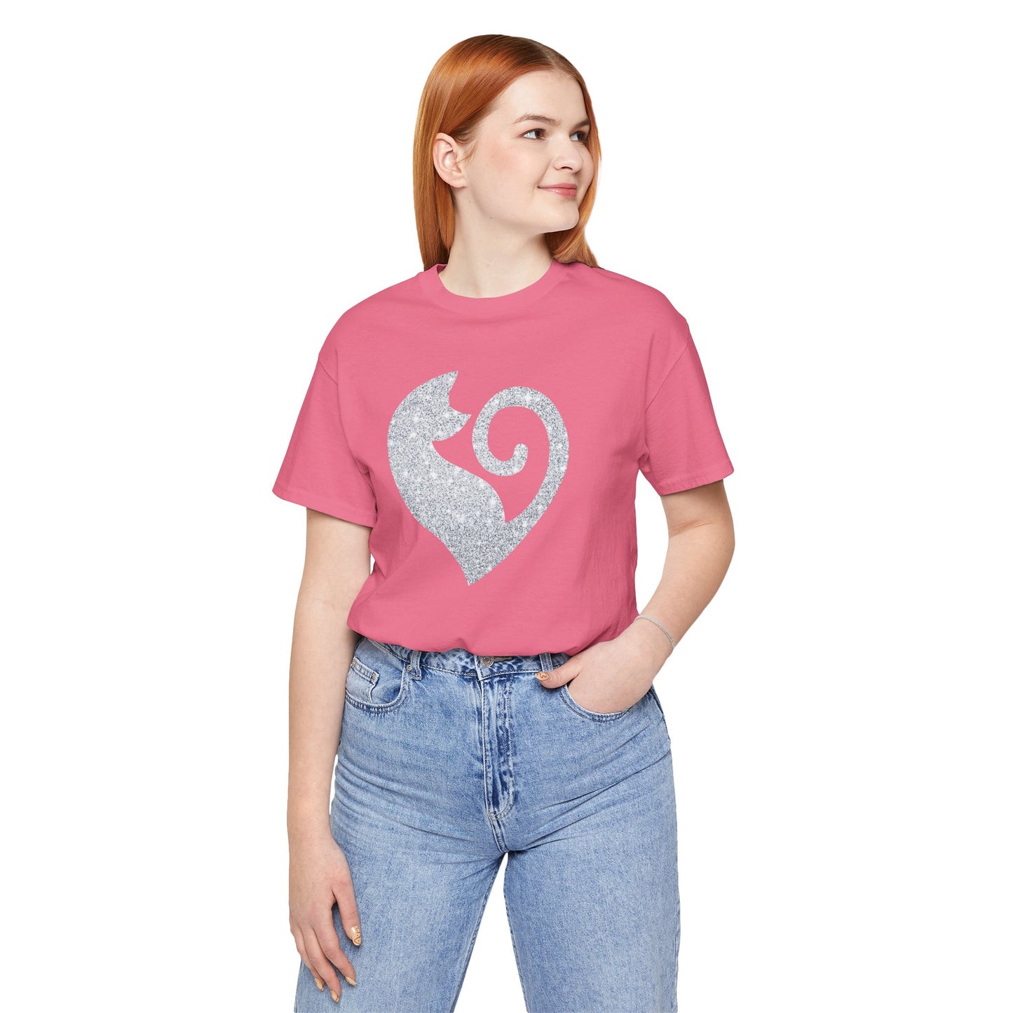 Cat Heart Silver Glitter Look Tee