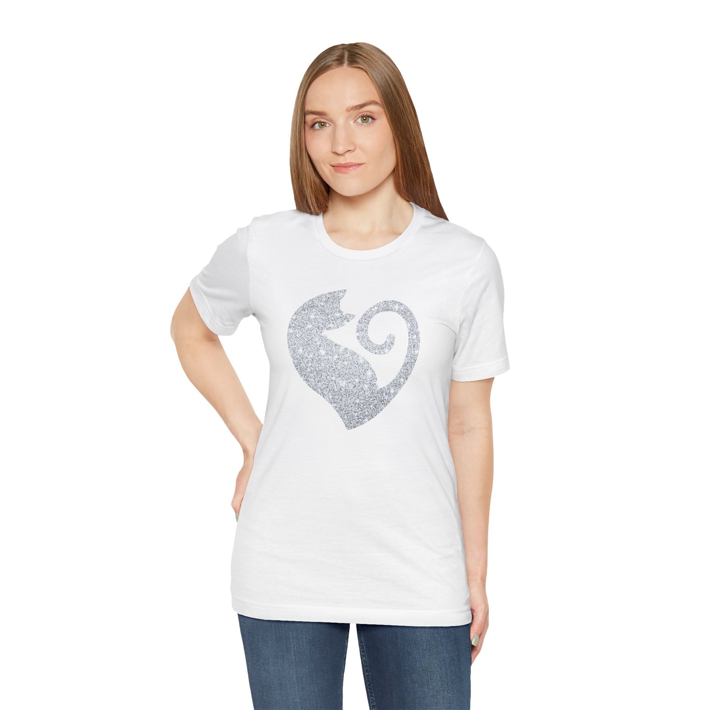 Cat Heart Silver Glitter Look Tee