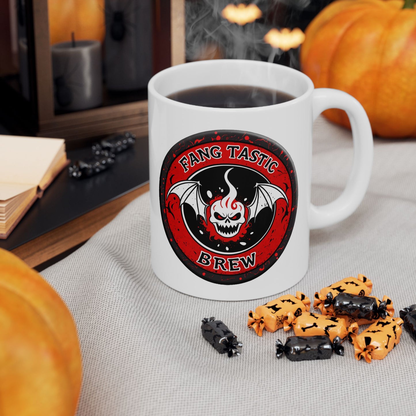 Fang Tastic Brew Horror Coffee Mug – Gothic Vampire Bat Cup Black or White