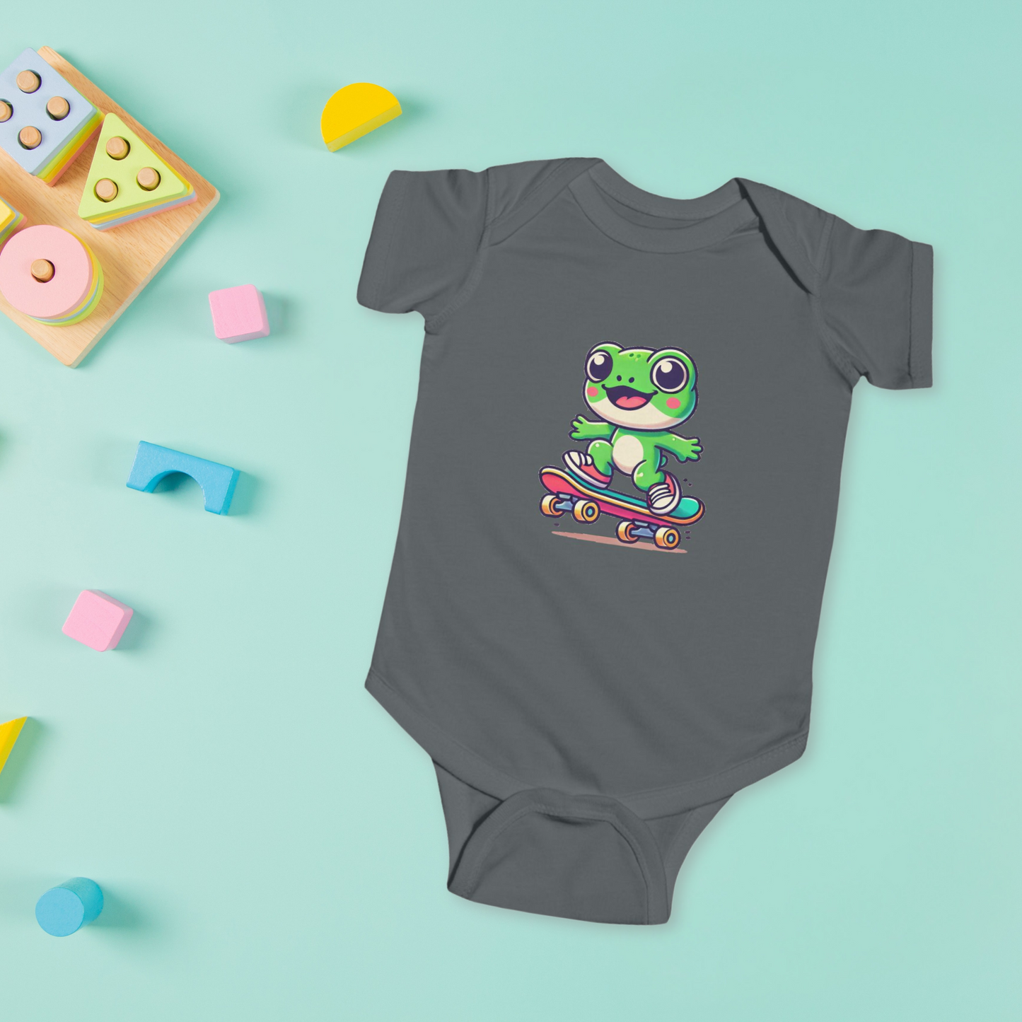 Skateboarding Frog Infant Baby Bodysuit, Newborn Frog Skate Outfit