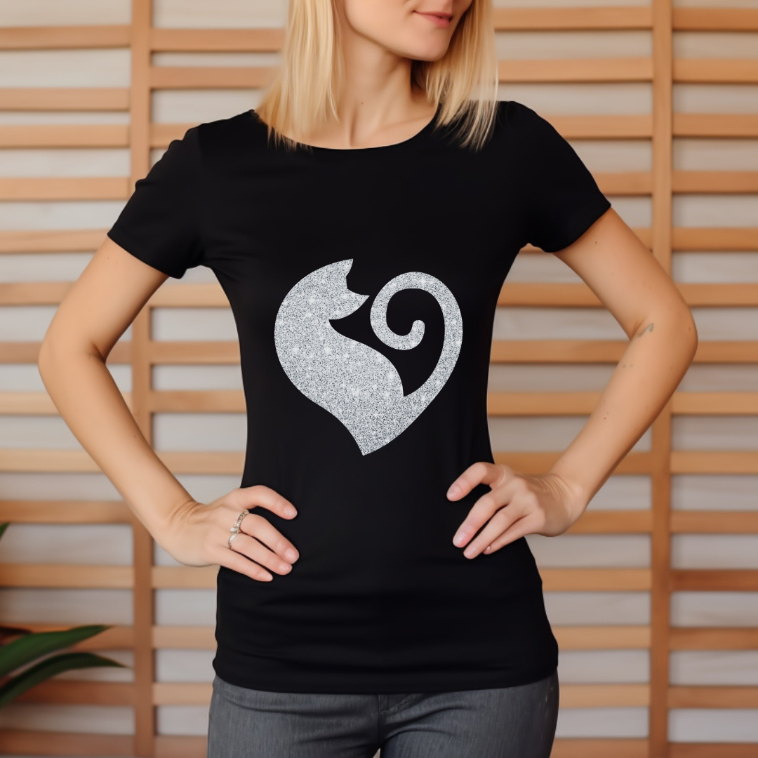 Cat Heart Shirt Silver Glitter Womens Tee