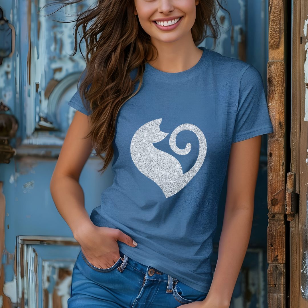 Cat Heart Shirt Silver Glitter Womens Tee