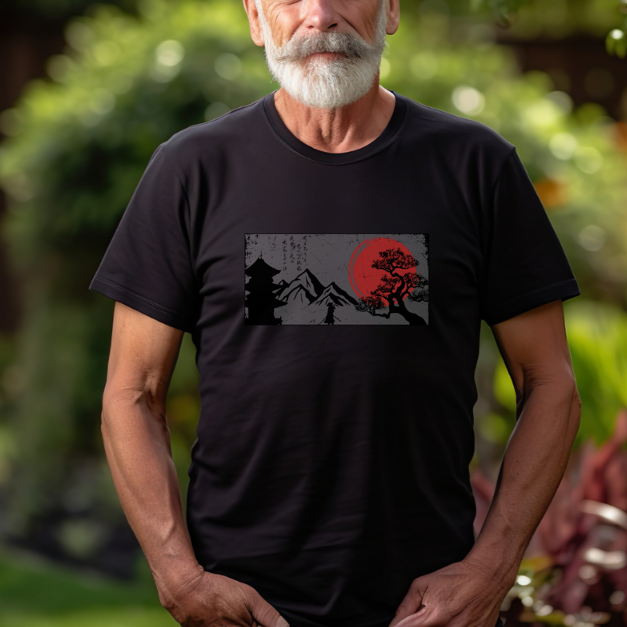 Bold men’s t-shirt with Zen warrior and Japanese landscape