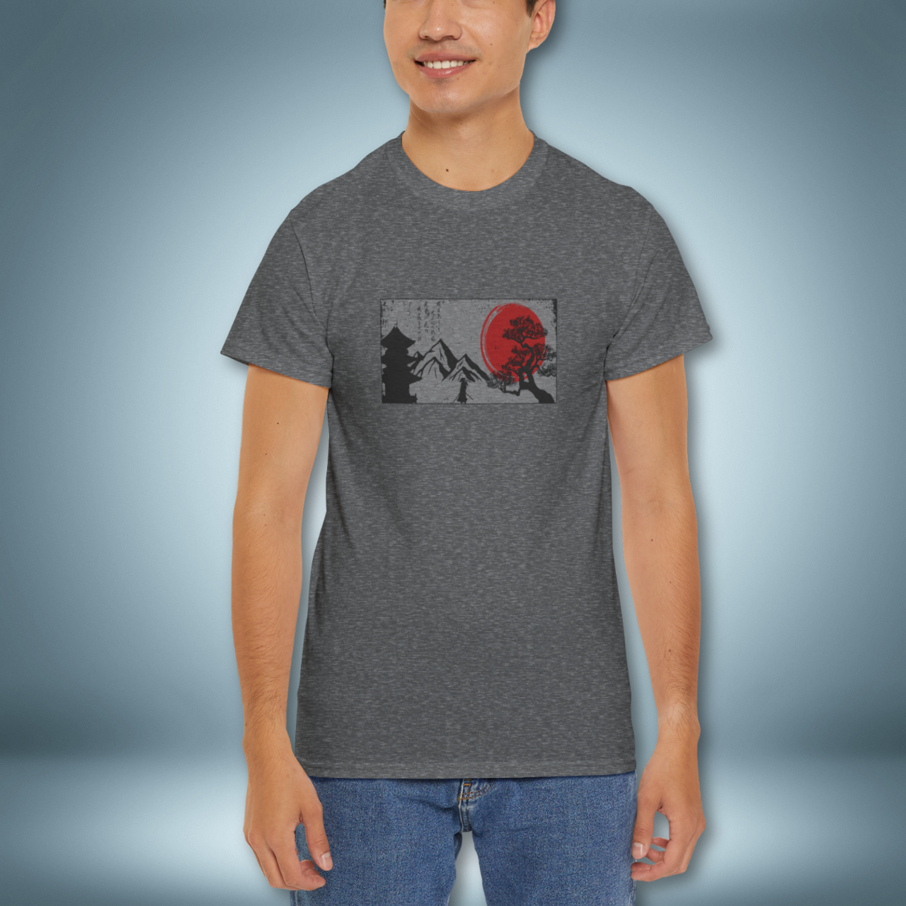 Men’s graphic t-shirt with Japanese samurai, bonsai tree, red sun, and temple