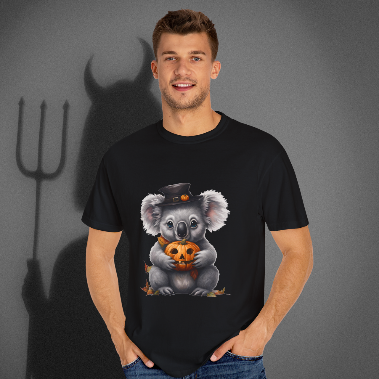 Unisex Comfort Colors Halloween Koala T-Shirt worn by model – spooky cute animal design