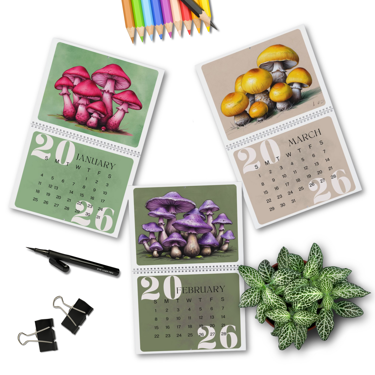 Colorful Mushroom Wall Calendar 2026