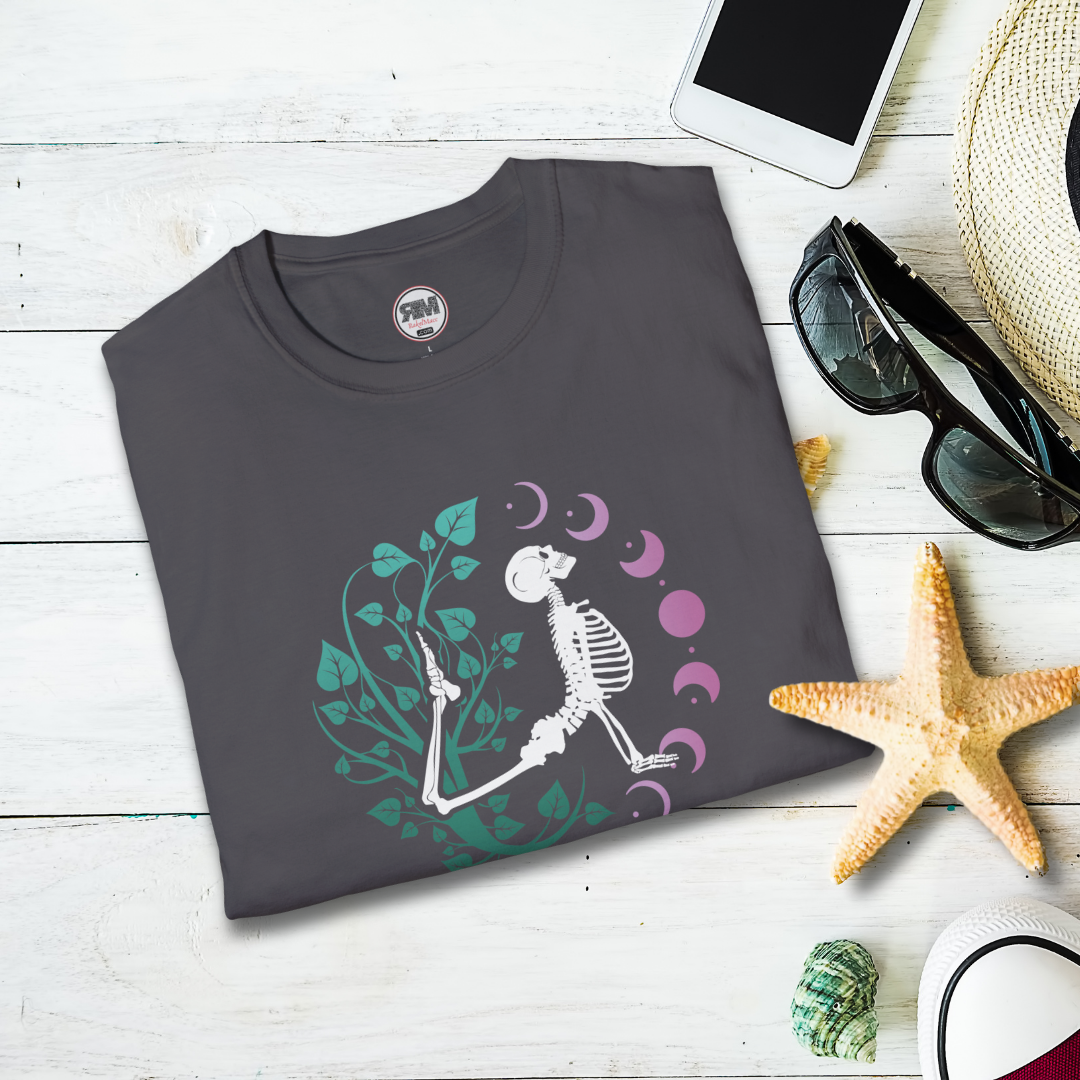Yoga Skeleton Moon Phase T Shirt, Celestial Yoga Skeleton Tee
