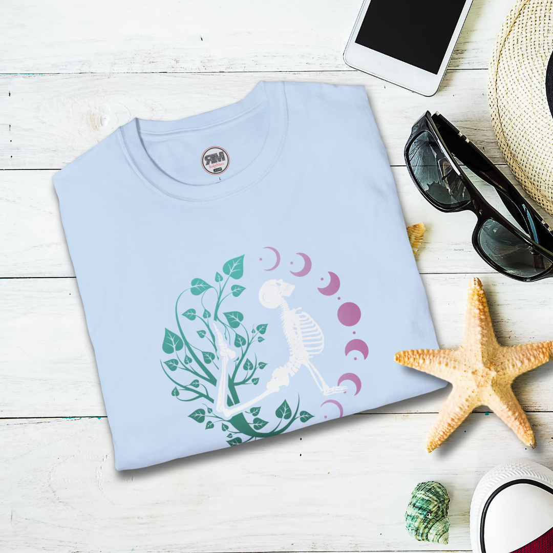 Yoga Skeleton Moon Phase T Shirt, Celestial Yoga Skeleton Tee