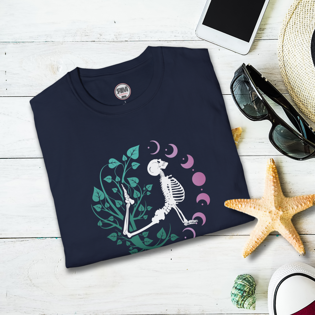 Yoga Skeleton Moon Phase T Shirt, Celestial Yoga Skeleton Tee