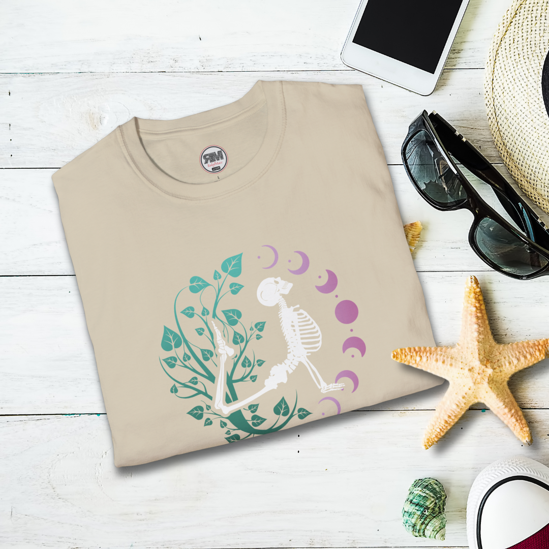 Yoga Skeleton Moon Phase T Shirt, Celestial Yoga Skeleton Tee
