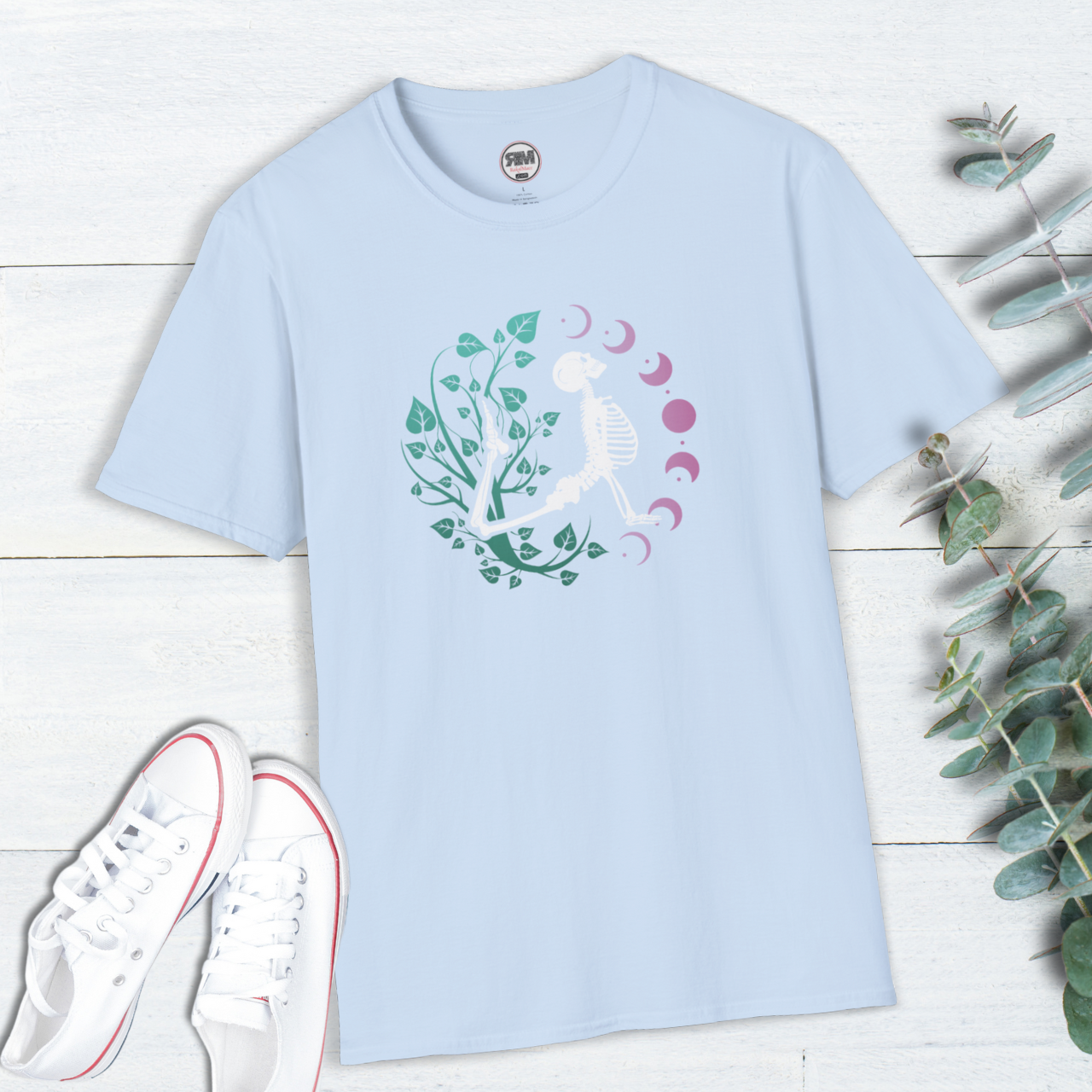 Yoga Skeleton Moon Phase T Shirt, Celestial Yoga Skeleton Tee