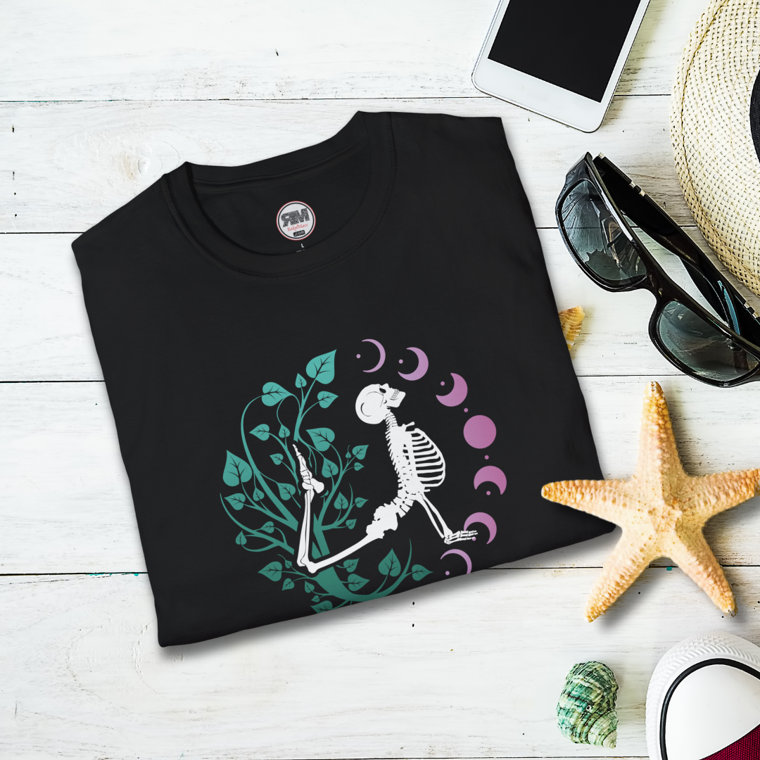 Yoga Skeleton Moon Phase T Shirt, Celestial Yoga Skeleton Tee