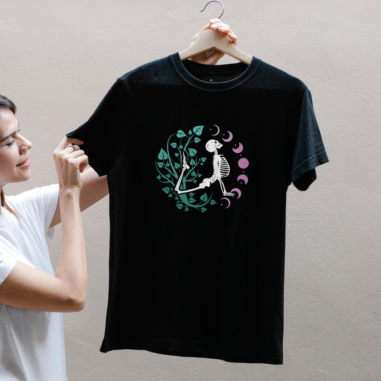 Yoga Skeleton Moon Phase T Shirt, Celestial Yoga Skeleton Tee