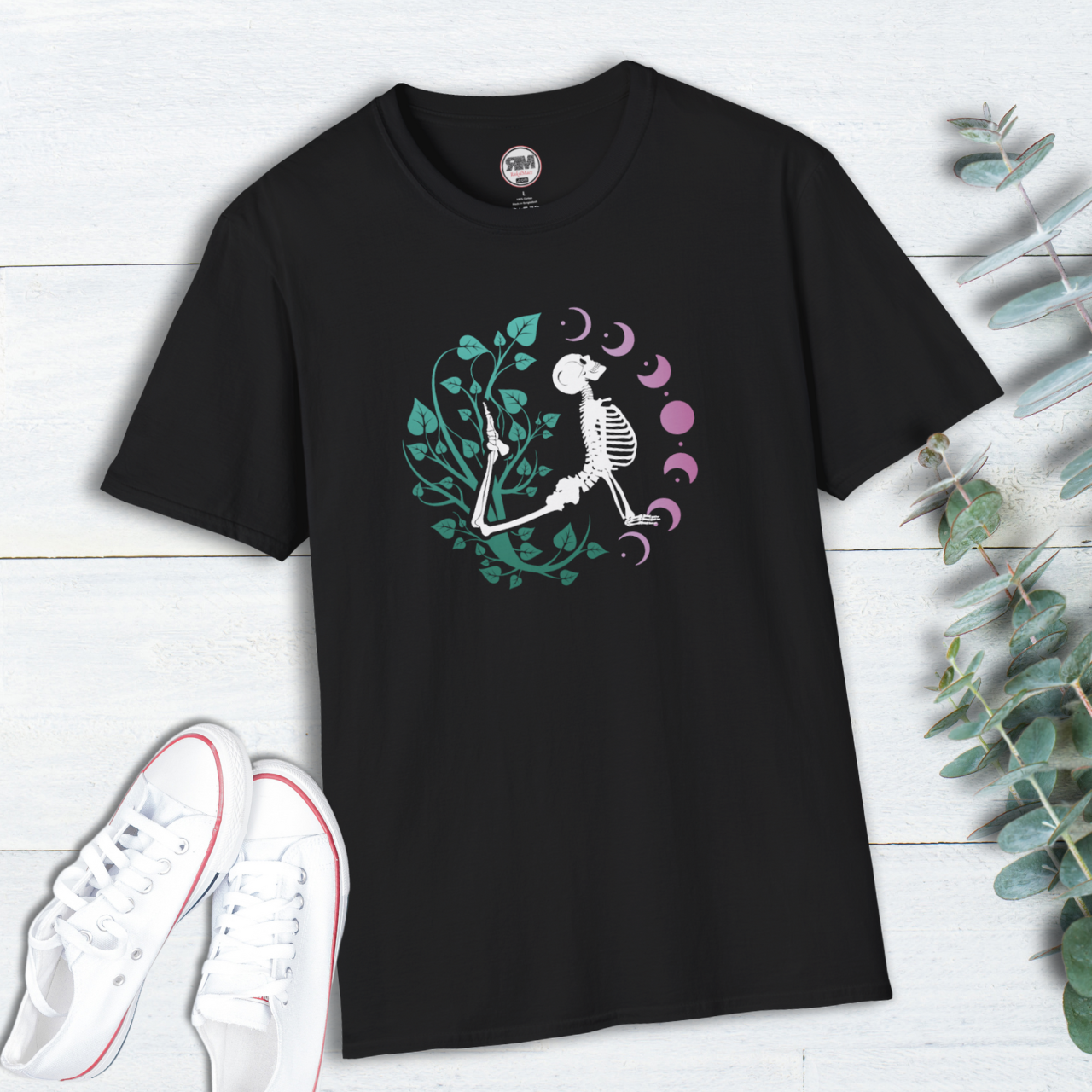 Yoga Skeleton Moon Phase T Shirt, Celestial Yoga Skeleton Tee