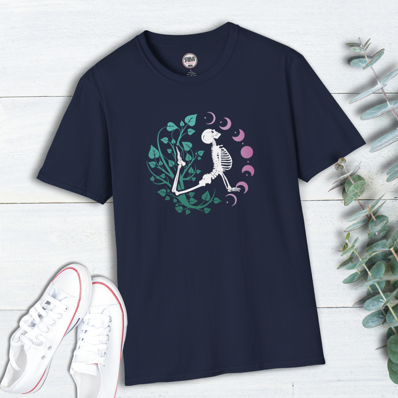 Yoga Skeleton Moon Phase T Shirt, Celestial Yoga Skeleton Tee
