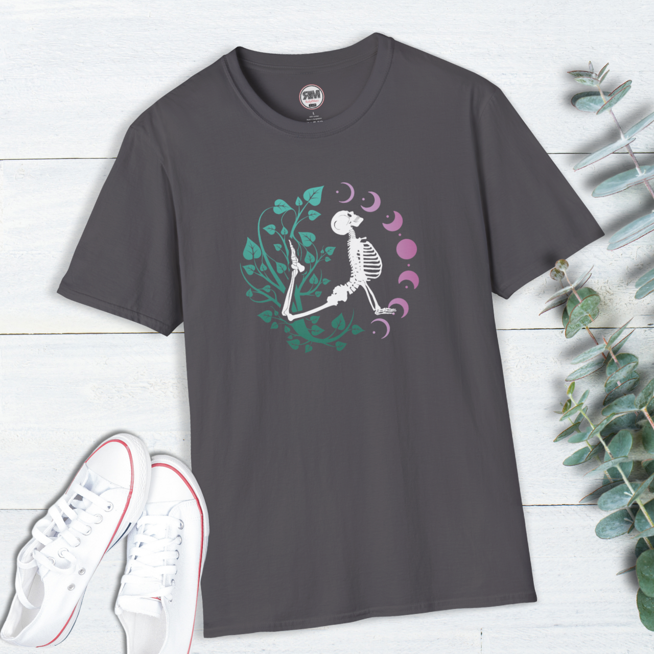 Yoga Skeleton Moon Phase T Shirt, Celestial Yoga Skeleton Tee
