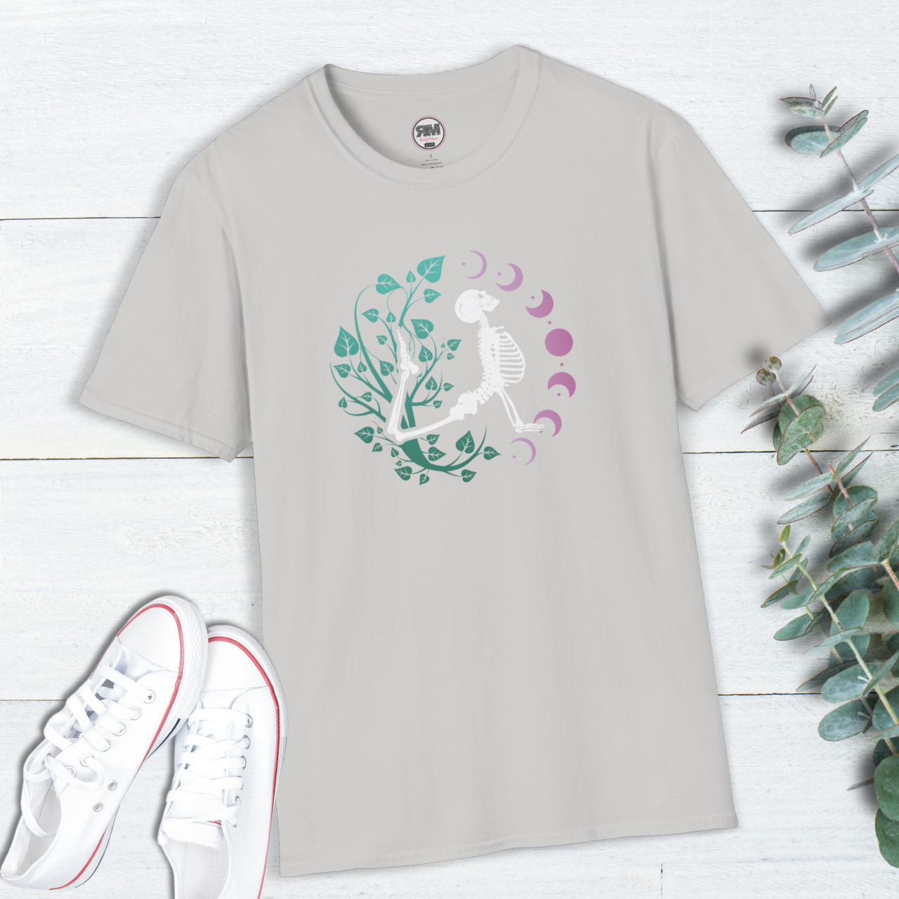 Yoga Skeleton Moon Phase T Shirt, Celestial Yoga Skeleton Tee