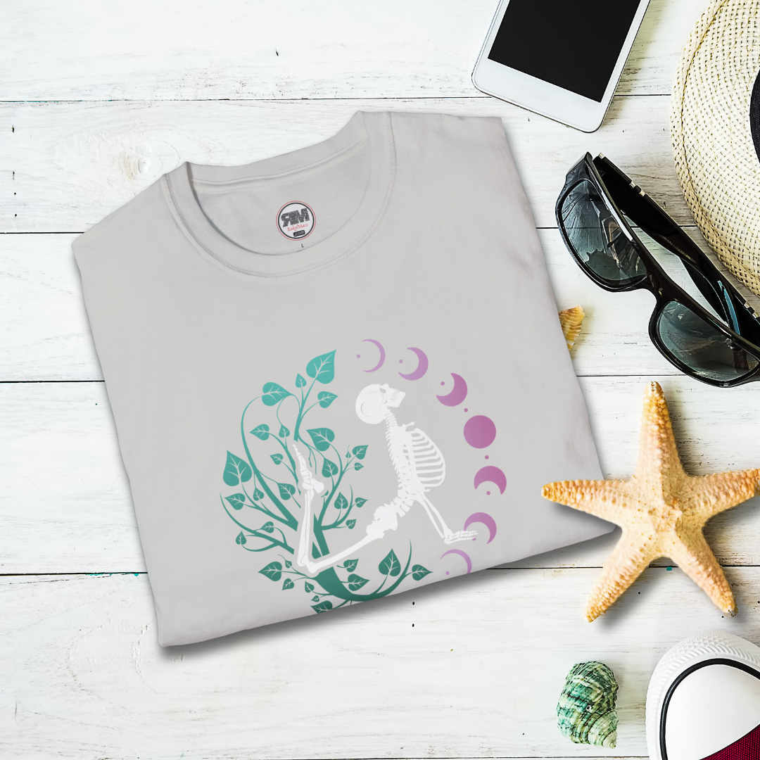 Yoga Skeleton Moon Phase T Shirt, Celestial Yoga Skeleton Tee