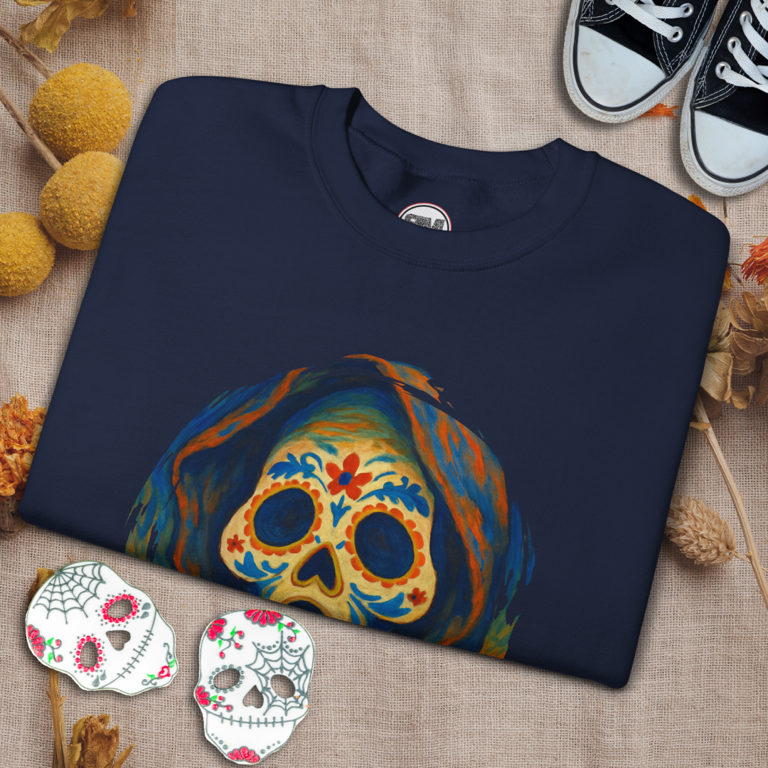 Navy blue sweatshirt with colorful skull design on a textured surface with decorative elements.