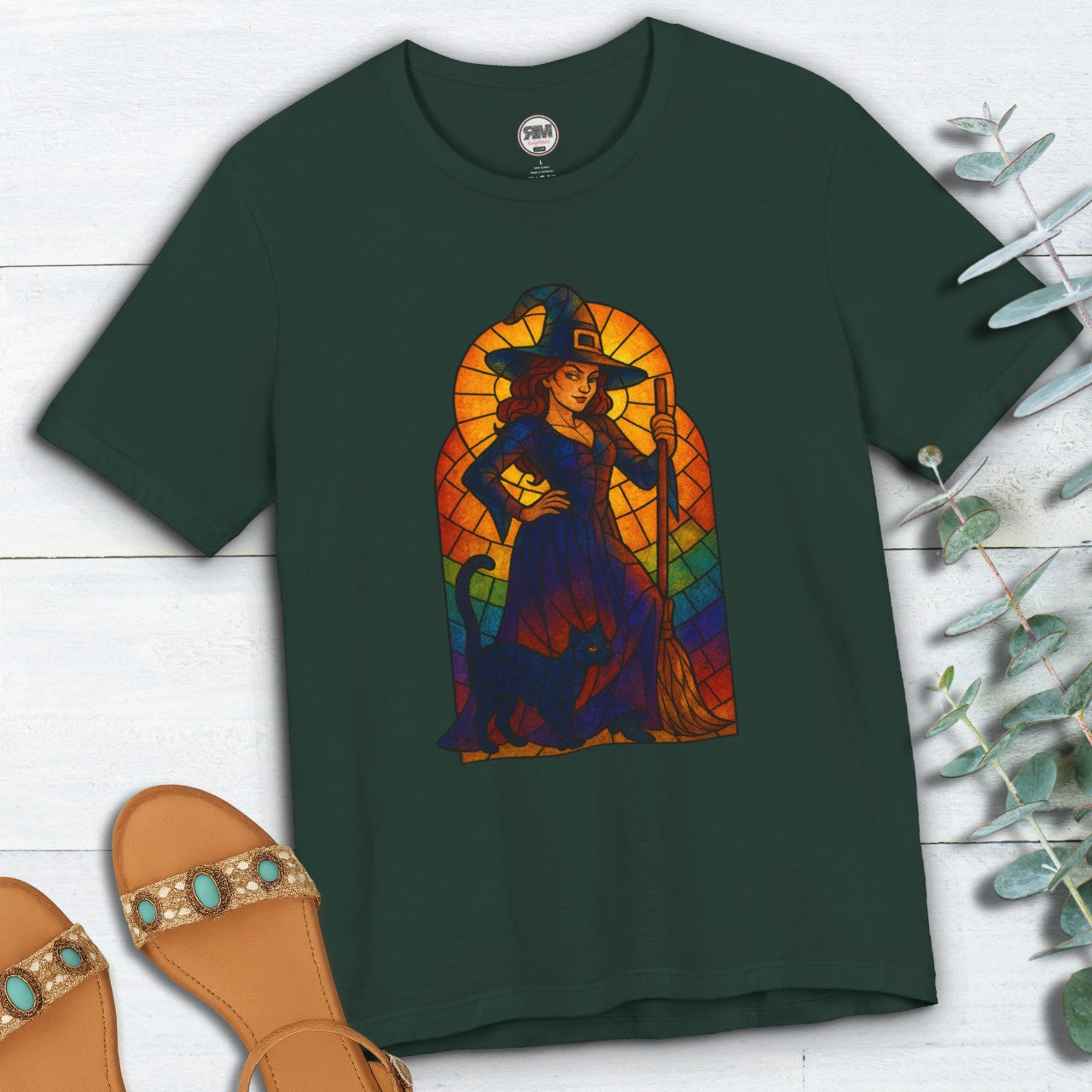 Sassy Radiant Witch T-Shirt | Stained Glass Black Cat & Broom Design
