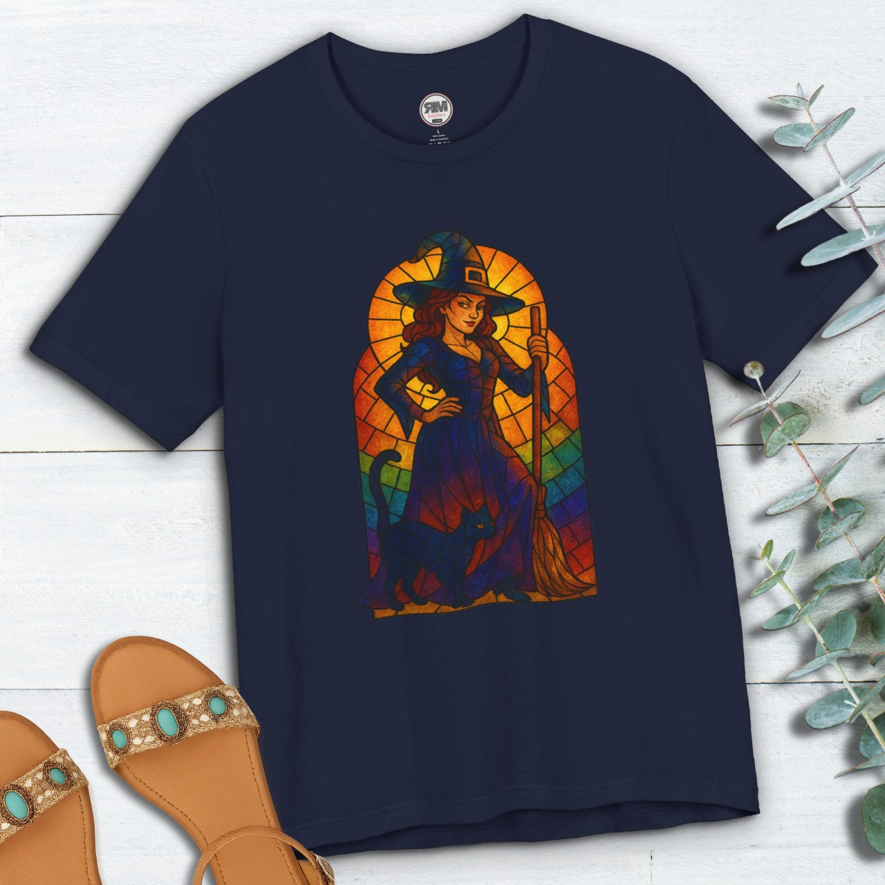 Sassy Radiant Witch T-Shirt | Stained Glass Black Cat & Broom Design