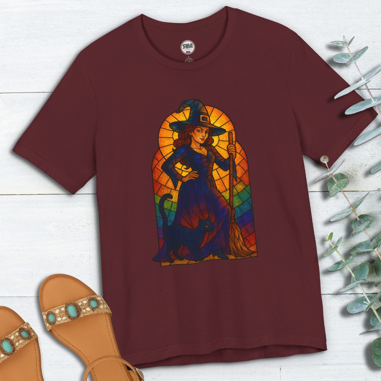 Sassy Radiant Witch T-Shirt | Stained Glass Black Cat & Broom Design