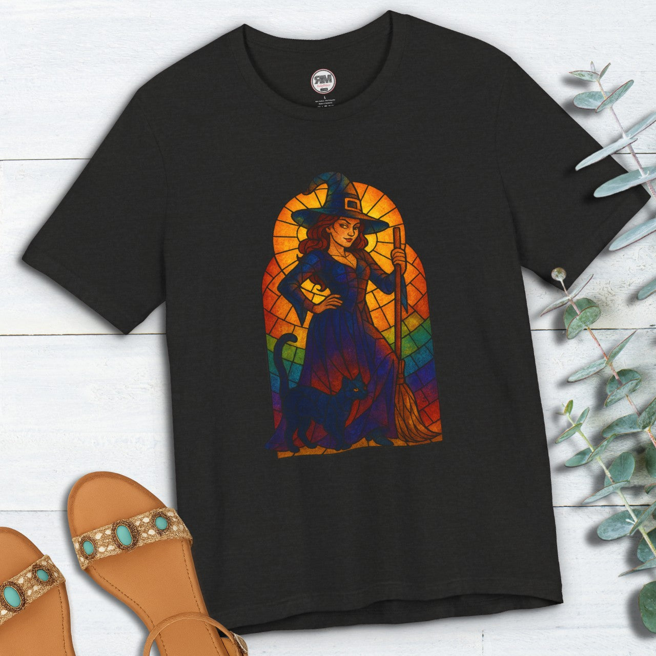 Sassy Radiant Witch T-Shirt | Stained Glass Black Cat & Broom Design