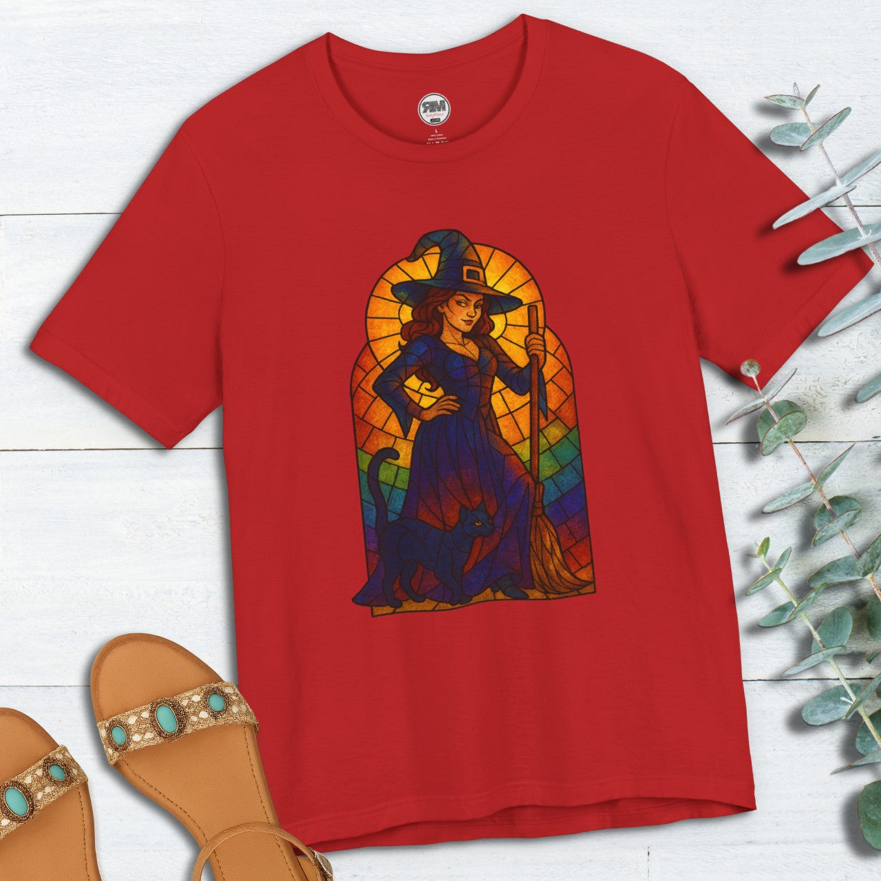 Sassy Radiant Witch T-Shirt | Stained Glass Black Cat & Broom Design