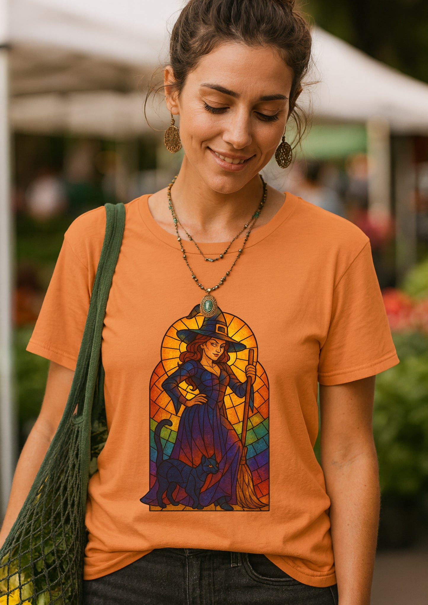 Sassy Radiant Witch T-Shirt | Stained Glass Black Cat & Broom Design
