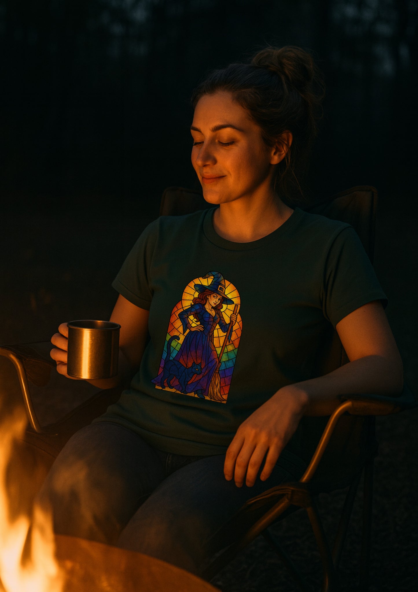 Sassy Radiant Witch T-Shirt | Stained Glass Black Cat & Broom Design