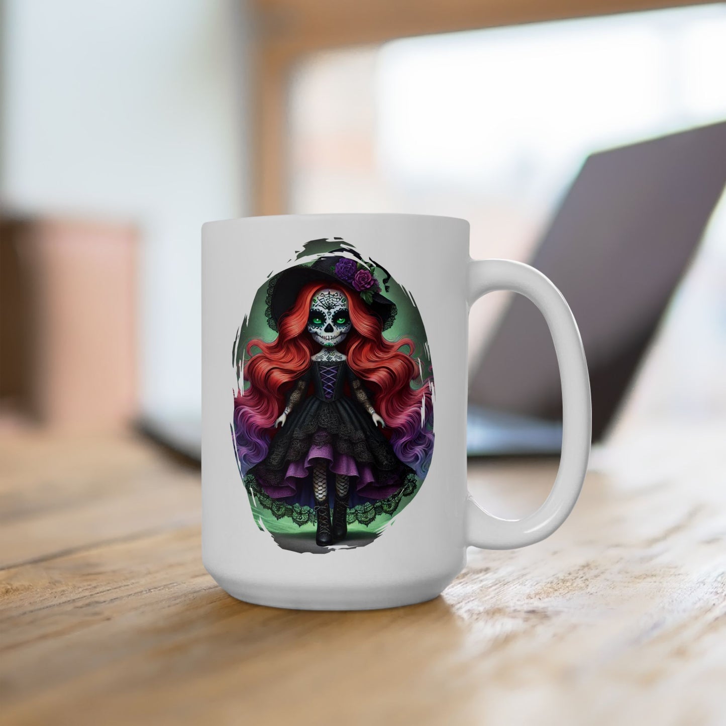 Calavera Witch Doll Sugar Skull Mug – Spooky Cute Gothic Coffee Cup Black or White