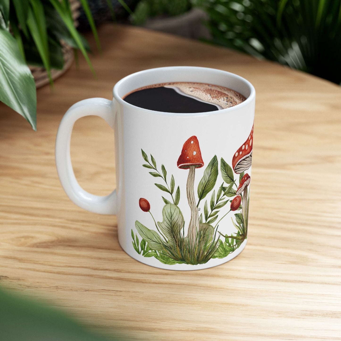 Mushroom Garden Ceramic Mug — Botanical Cottagecore Fungi Coffee Cup (11 oz & 15 oz)