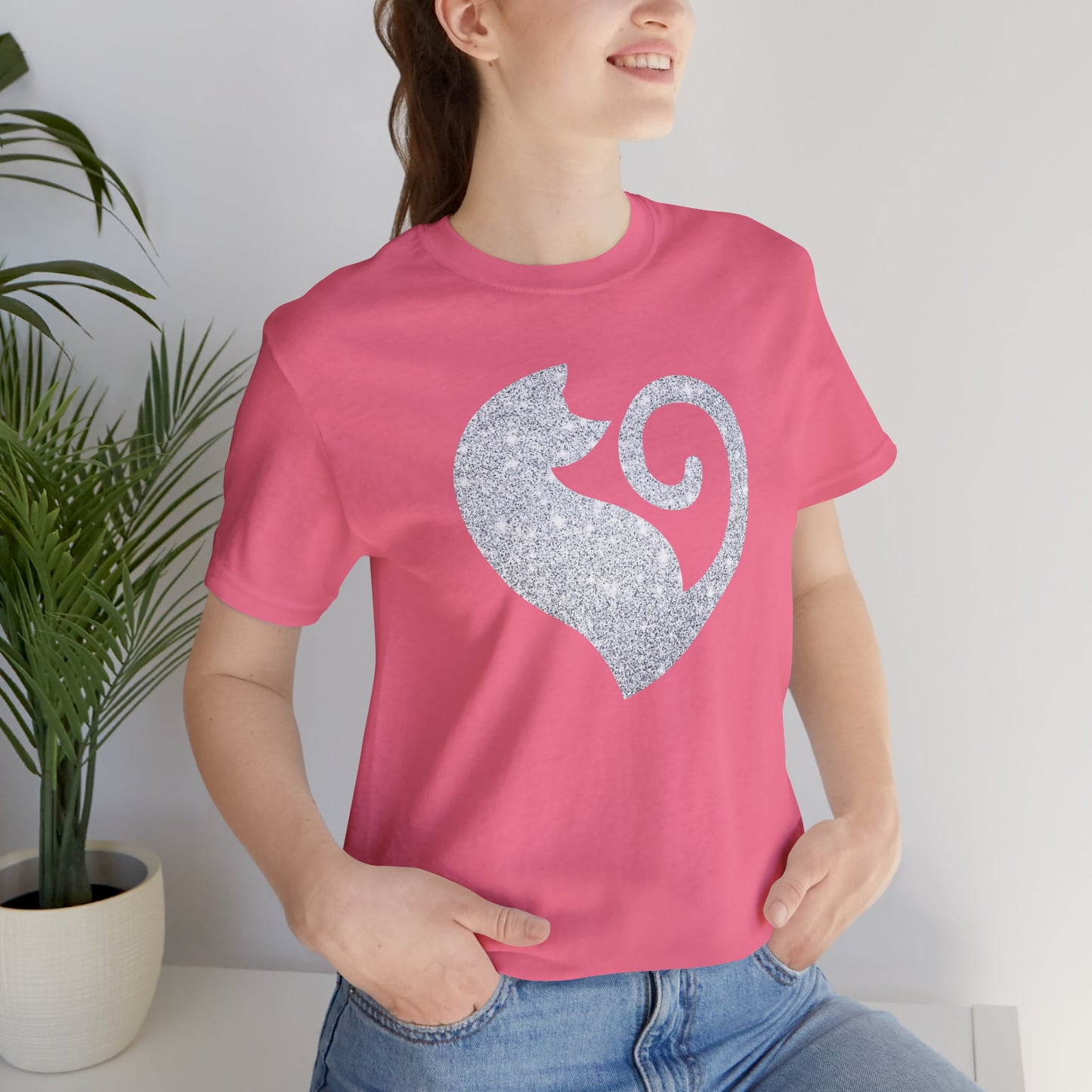 Cat Heart Silver Glitter Look Tee