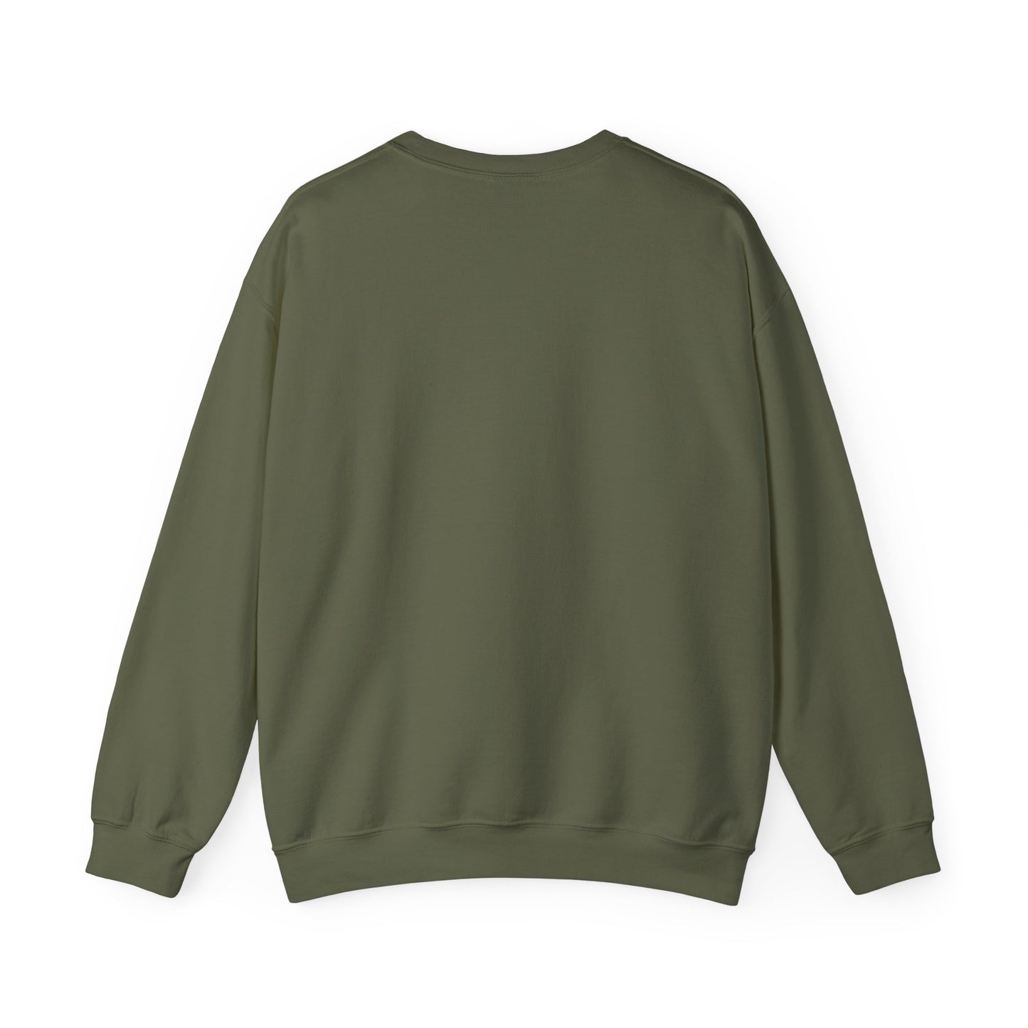 Back view of military green sweatshirt on a white background