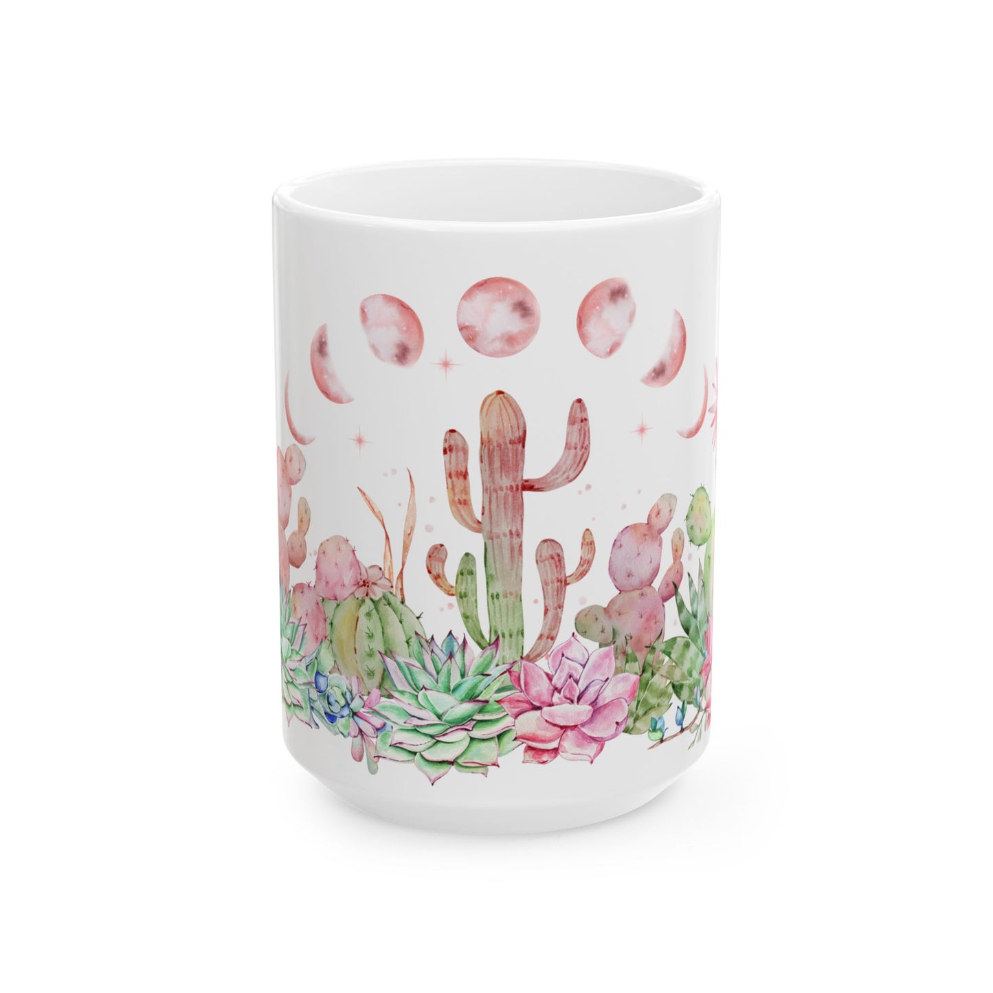 Watercolor Moon Phase Cacti & Succulents Ceramic Mug – Botanical Lunar Coffee Cup (11 oz & 15 oz)