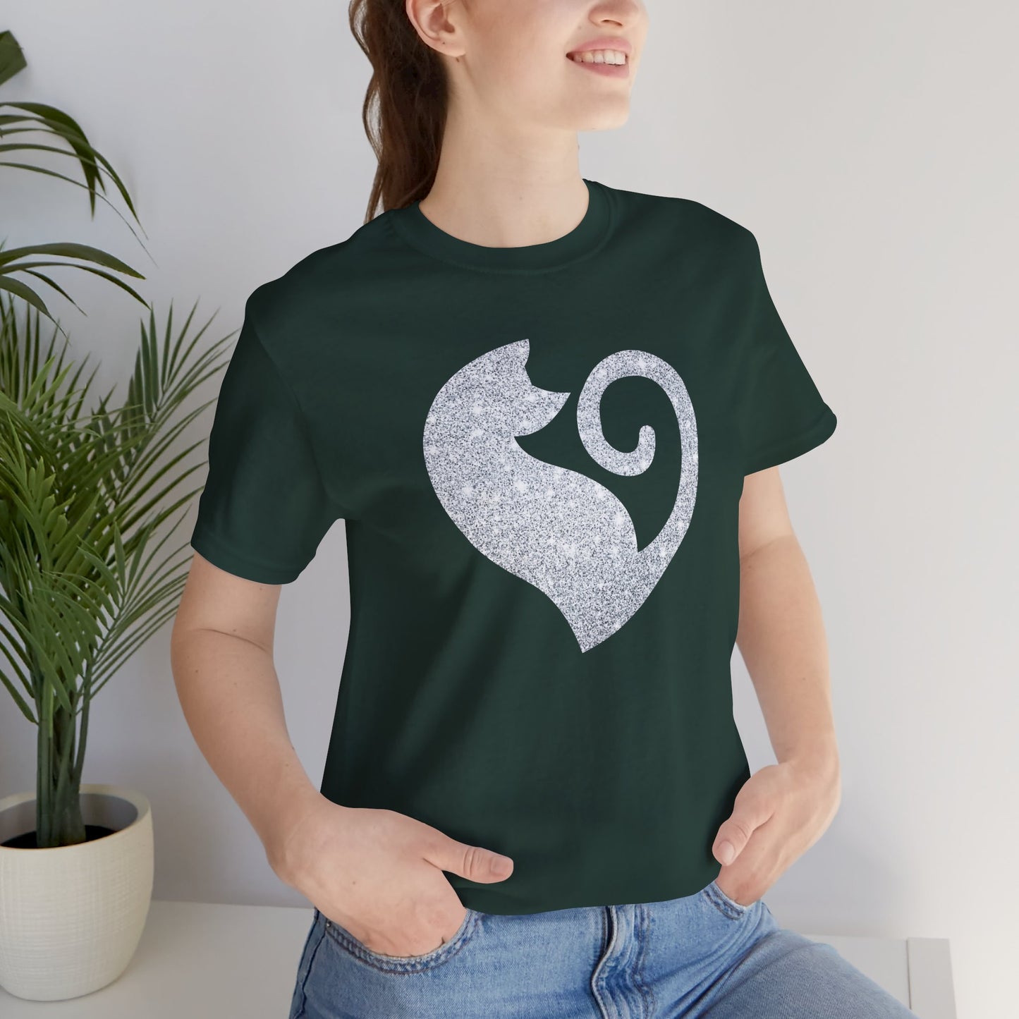 Cat Heart Silver Glitter Look Tee