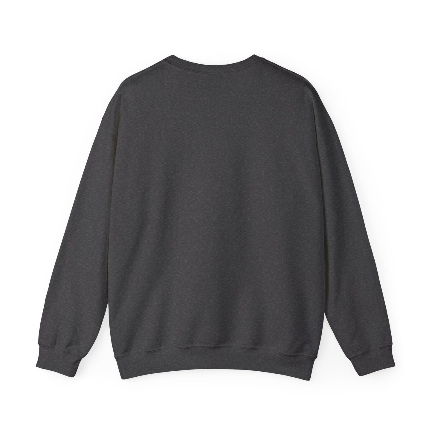 Back view of dark grey sweatshirt on a white background