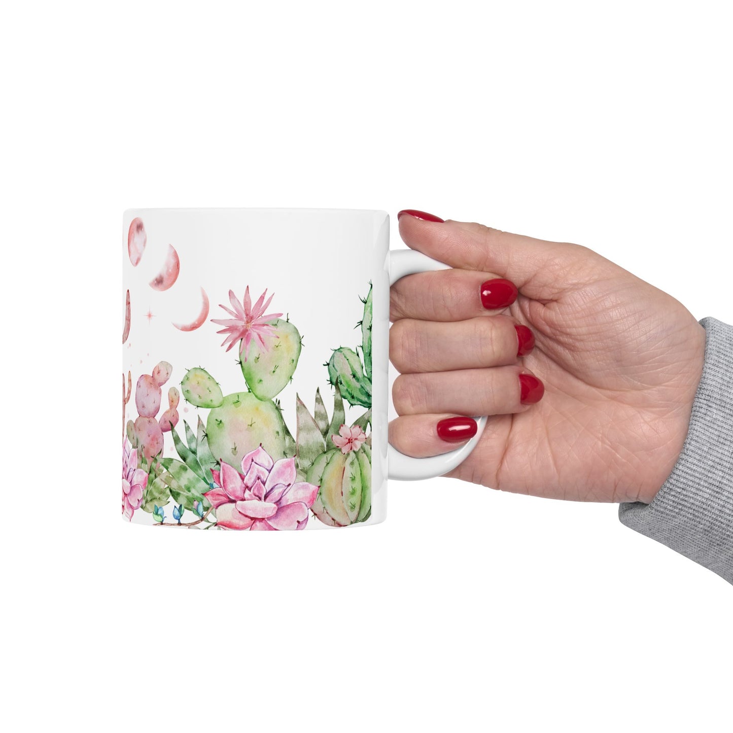 Watercolor Moon Phase Cacti & Succulents Ceramic Mug – Botanical Lunar Coffee Cup (11 oz & 15 oz)