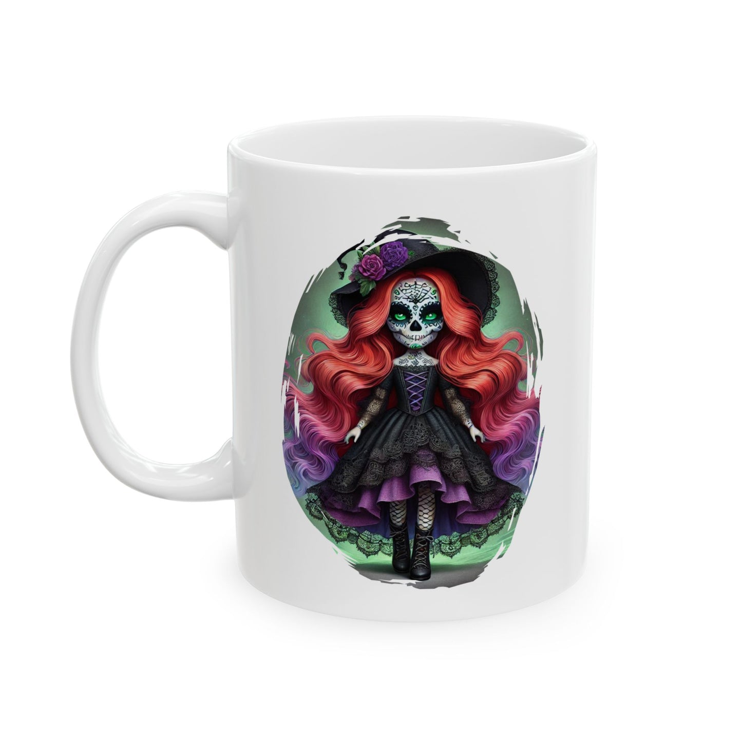 Calavera Witch Doll Sugar Skull Mug – Spooky Cute Gothic Coffee Cup Black or White